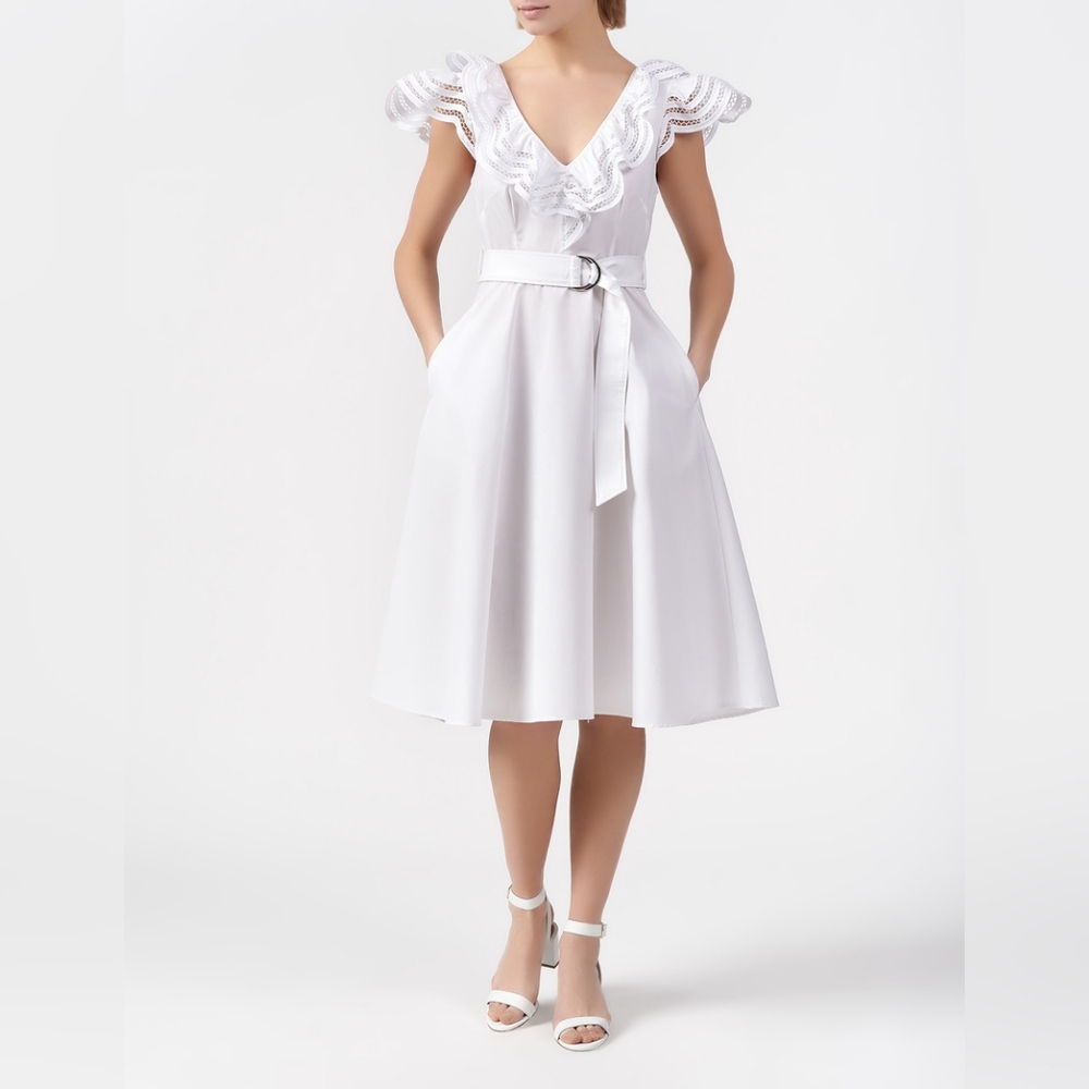 NW parosh CAKTUN RUFFLED NECK DRESS IN WHITE Size L